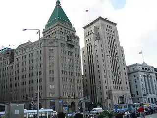 From left to right: The Peace Hotel, Bank of China building, and former Yokohama Specie Bank.