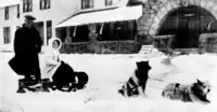 Zip and Tresor (one of the dogs from Scott's expedition) outside the hotel at Mount Kosciuszko in June 1913. Zip had been renamed Peary by this time.