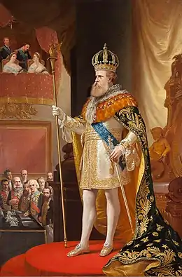 Full length painted portrait of a bearded man wearing a gold crown, mantle and sword and grasping a long scepter