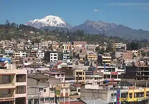 View of Pelileo with the volcanoes Chimborazo and Carihuairazo in the background