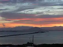 The 13.5 kilometre-long Penang Bridge traverses the South Channel between Gelugor on Penang Island and Perai in the mainland.