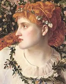 A pale woman with red hair looking to the left