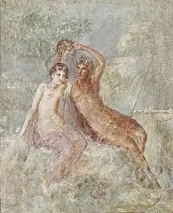 Perseus holds up Medusa's head so Andromeda may safely see its reflection in the pool below. Fresco, 1st century AD, Pompeii