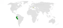 Map indicating locations of Peru and Serbia