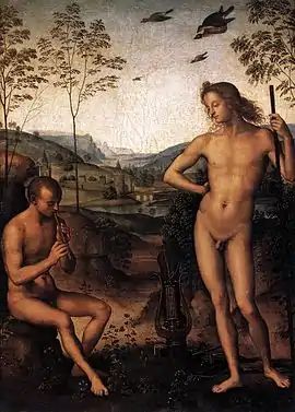 Nude man standing in front of a flute player