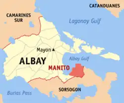 Map of Albay with Manito highlighted