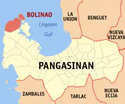 Map of Pangasinan with Bolinao highlighted