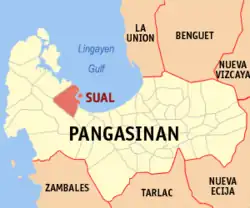 Map of Pangasinan with Sual highlighted