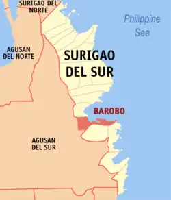 Map of Surigao del Sur with Barobo highlighted