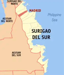 Map of Surigao del Sur with Madrid highlighted