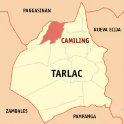 Map of Tarlac with Camiling highlighted