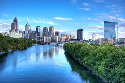 The Schuylkill River (foreground) and Center City Philadelphia (background) in July 2007