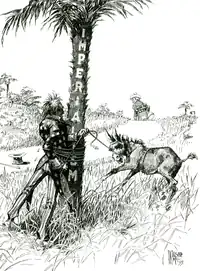 A black-and-white political cartoon. Uncle Sam (representing the United States) gets entangled with rope around a tree labeled "Imperialism" while trying to subdue a bucking colt or mule labeled "Philippines" while a figure representing Spain walks off over the horizon.