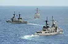 BRP Ramon Alcaraz (PF-16) with BRP Gregorio del Pilar and US Navy USS John S. McCain during CARAT Philippines 2014.