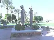 The Frank Lloyd Wright “Sprites” are statues that were made in 1914 and adorned the Midway Gardens in Chicago. After World War II, the “Sprites” were in a state of abandonment and in pieces. They were restored and became part of the adornment of the Arizona Biltmore Hotel gardens in 1985.