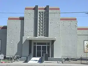 The front entrance of the Arizona State Fair WPA Civic Building, which was built during the Great Depression Era in 1938. It is located at 1826 West McDowell Road.