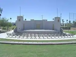 The Geogie M. & Calvin C. Goode Bandshell was built in 1945 and is located in Eastlake Park at 1549 E. Jefferson St. In 1948 African American activist Claudia Jones spoke from the bandshell to a crowd of 1,000 people at Eastlake Park about equal rights for African Americans. The bandshell is named after African-American Geogie M. Goode, an author, educator and activist. She was married to Calvin C. Goode, who served a total of 22 years as a representative to the Phoenix, Arizona City Council. The bandshell is listed in the Phoenix Historic Property Register.