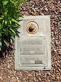 Grave of Ladimir Kwiatkowski (1928–1994), better known as Ladmo, Kwiatkowski co-hosted The Wallace and Ladmo Show, a daily children's variety show broadcast on KPHO in Phoenix, Arizona.