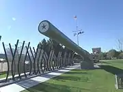 The restored gun barrel from the USS Missouri on display in Wesley Bolin Plaza.