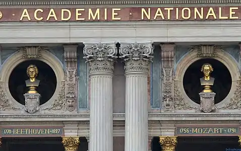 Bronze busts of Beethoven and Mozart on the front façade