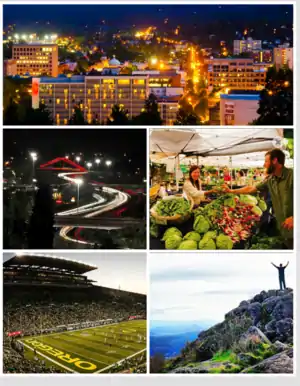 Clockwise: Downtown Eugene from Skinner Butte, Lane County Farmers' Market, Hiking on Spencer Butte, University of Oregon Autzen Stadium, Delta Ponds pedestrian bridge