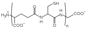 Skeletal formula depicting the amino acids cysteine and glycine joined in a peptide bond, with free carboxy and amino groups at either end of the peptide chain. Parentheses around the peptide bond indicate a variable number of amino acids are involved.