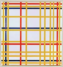 A painting of yellow, red, and blue lines arranged in a woven lattice or grid-like pattern.