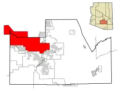 Location of Gila River Indian Community in northwestern Pinal County, Arizona. The Phoenix metropolitan area is located north of the reservation.