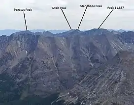 A photo of Pegasus and surrounding peaks viewed from the summit of Hyndman Peak.