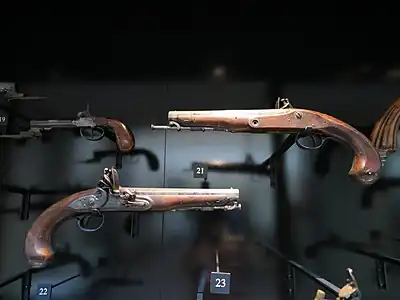 A pair of Gill and Knubley flintlock duelling pistols, circa 1790, possibly owned by Lt Col William Hulme.Auckland Museum