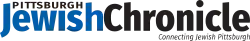 A text logo containing two unspaced words, Jewish and Chronicle, with Pittsburgh in the cap and ascender height above Jewish and a slogan that is written "Connecting Jewish Pittsburgh". The logo is all black, except for the word Jewish, which is blue.