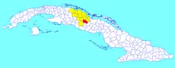 Placetas municipality (red) within  Villa Clara Province (yellow) and Cuba