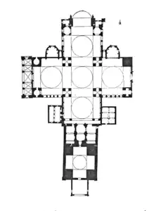 A pilgrimage church. Plan of Saint-Front de Périgueux, a cruciform with five cupolas, modeled after St Mark's Basilica  in Venice