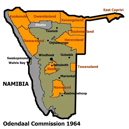 Allocation of Land to bantustans according to the Odendaal Plan. Ovamboland is central north