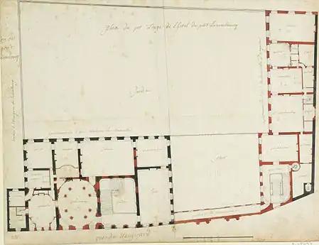 Project of 1709, first-floor plans for the main buildings (south at the top)