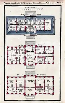 Plan of the ground floor, main floor, and attic of the Château de Cherperine