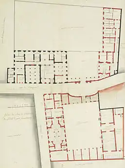 Project of 1709, ground-floor plans for the main buildings and the service wing north of the rue de Vaugirard