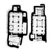 Plan of Uparkot caves; lower floor (left) and upper floor (right)