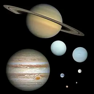 Image 2The outer planets Jupiter, Saturn, Uranus and Neptune, compared to the inner planets Earth, Venus, Mars, and Mercury at the bottom right (from Solar System)