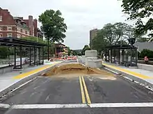 Bus platforms under construction on an urban street