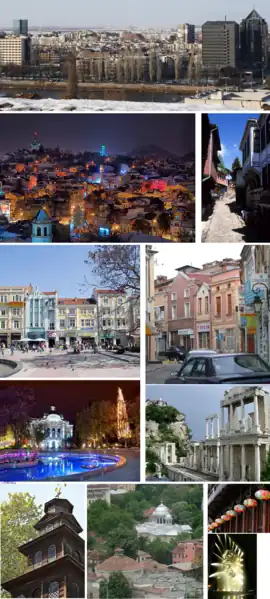 From top, left to right:
Hills of Plovdiv • Ancient theatre • Ancient stadium • Historical Museum • Hisar Kapia • Ethnographic Museum • Tsar Simeon's garden •