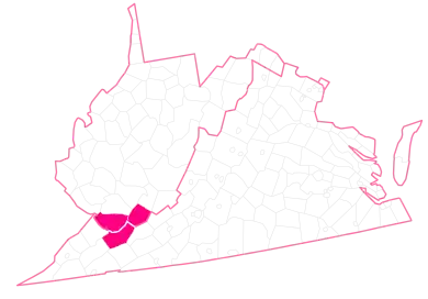 Geographical boundary of the Pocahontas Coalfield (in pink) comprising Tazewell County Virginia, McDowell County West Virginia and Mercer County West Virginia