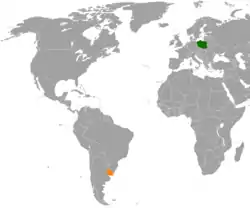 Map indicating locations of Poland and Uruguay