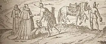 Late-16th-century etching of a Polish cavalryman, his horse, a Turkish captive and two Hungarian noblewomen