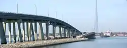 Ponquogue Bridge over Shinnecock Inlet (new span on left) looking toward the Coast Guard station.