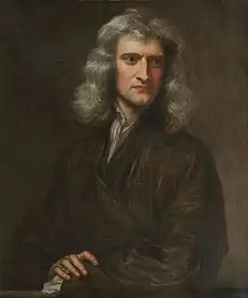 portrait of Isaac Newton with long hair looking left