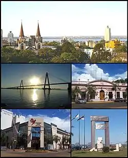 (From top to bottom; from left to right) Panoramic view of the city; San Roque Bridge; Misiones Government House; Posadas Plaza Shopping Centre and the Malvinas Monument