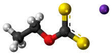 Ball-and-stick model of the component ions of potassium ethyl xanthate