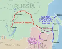 The routes of the Power of Siberia pipeline (left), the Sakhalin–Khabarovsk–Vladivostok pipeline (right) and the proposed link between them (centre)