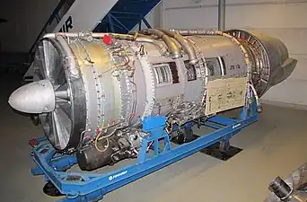 The widely produced Pratt & Whitney JT8D used on many early narrowbody jetliners. The fan is located behind the inlet guide vanes.